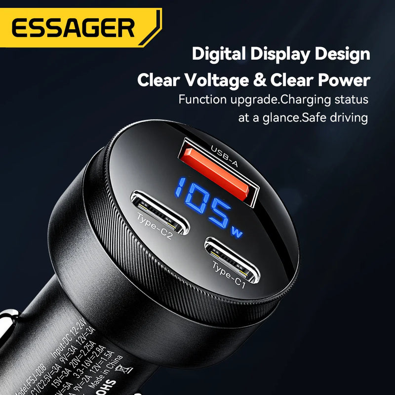 Carregador Super rápido Essager 105W Digital Display Fast Car Charger For iPhone 15 14 pro MacBook USB A C Quick Charger For Huawei Xiaomi Samsung OPPO