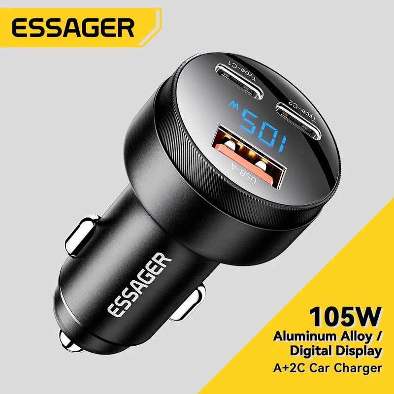 Carregador Super rápido Essager 105W Digital Display Fast Car Charger For iPhone 15 14 pro MacBook USB A C Quick Charger For Huawei Xiaomi Samsung OPPO