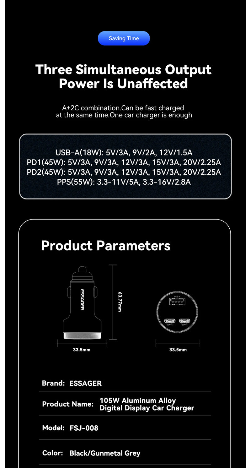 Carregador Super rápido Essager 105W Digital Display Fast Car Charger For iPhone 15 14 pro MacBook USB A C Quick Charger For Huawei Xiaomi Samsung OPPO