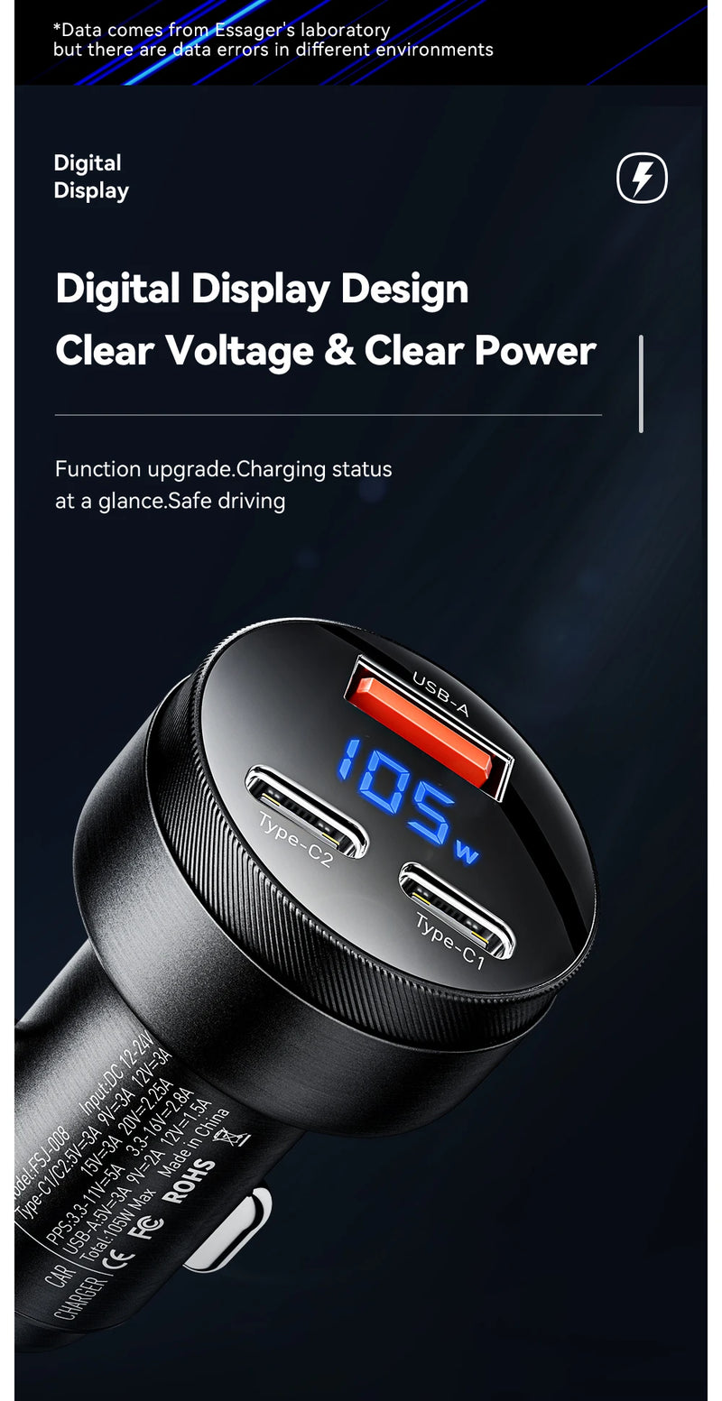 Carregador Super rápido Essager 105W Digital Display Fast Car Charger For iPhone 15 14 pro MacBook USB A C Quick Charger For Huawei Xiaomi Samsung OPPO